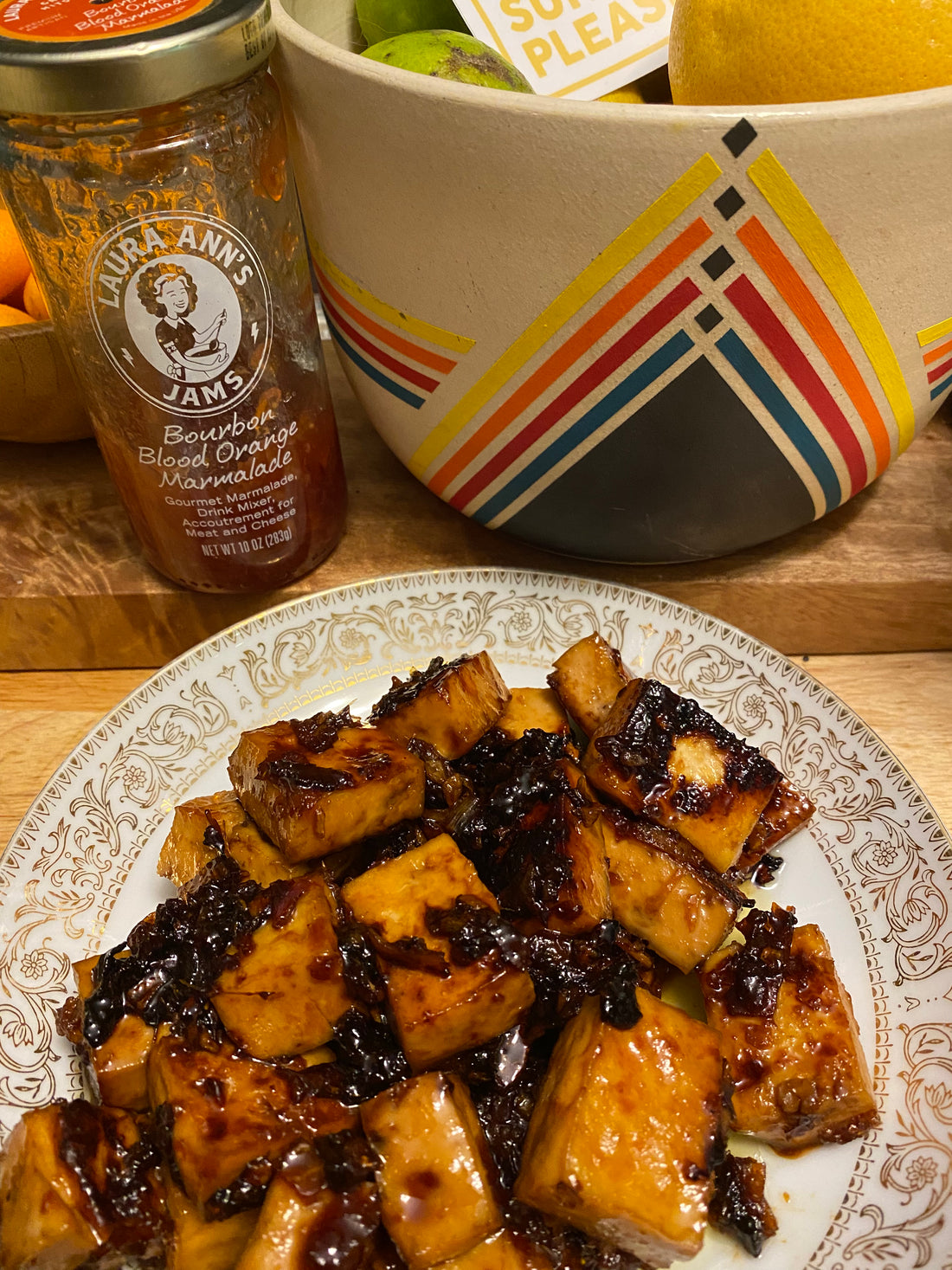 BOURBON-BLOOD ORANGE MARMALADE GLAZED TOFU